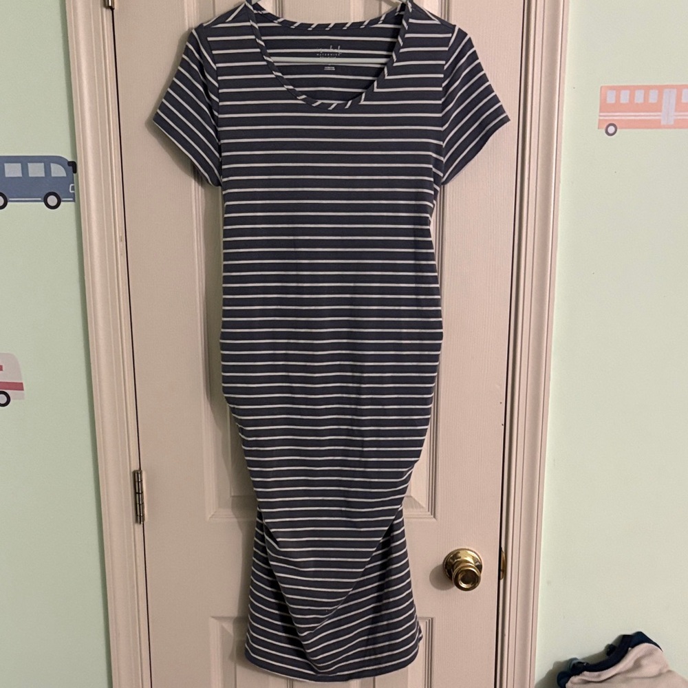 Striped Navy and White V-Neck Casual Maternity Midi Dress